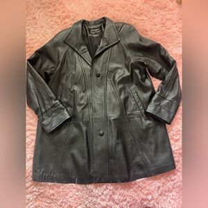 Vintage 90s Black Leather Jacket Minimalist Y2K Oversized Coat Women’s Large